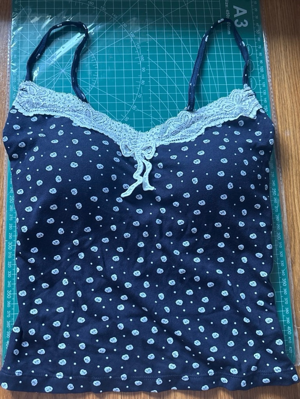 Navy Polka Dot Lace-Trim Camisole with Light Blue Accents